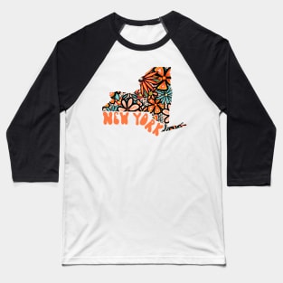 New York State Design | Artist Designed Illustration Featuring New York State Outline Filled With Retro Flowers with Retro Hand-Lettering Baseball T-Shirt
